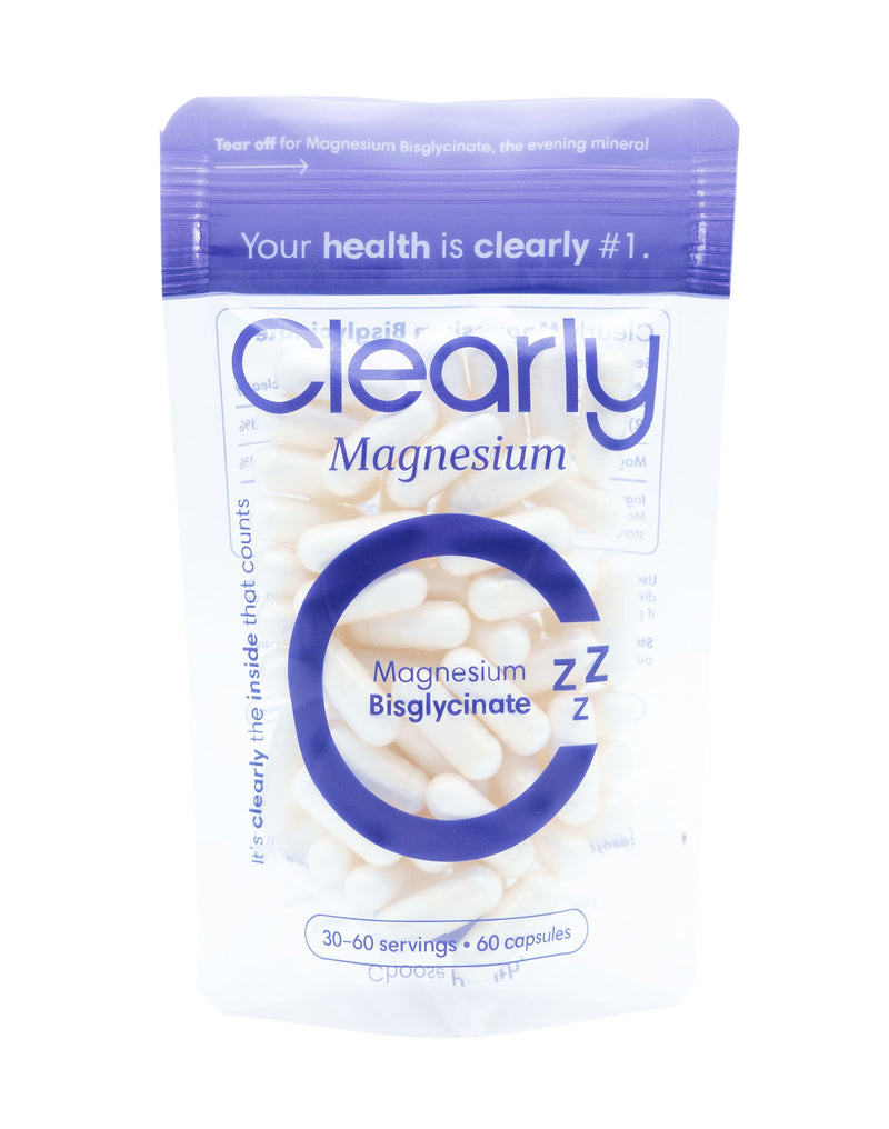 Clearly Magnesium Bisglycinate supplement bottle with label, showing capsules and product information on the front.