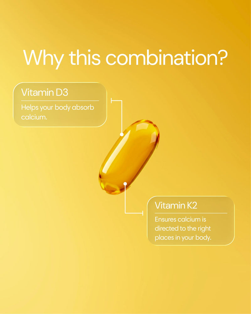 Clearly D3 + K2 capsule showing two softgel capsules with labeling for vitamin D3 and K2 supplements.