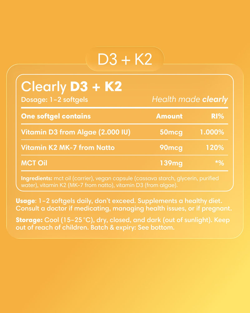 Clearly D3 + K2 supplement bottle label showing vitamin D3 and K2 capsules in a clear container.