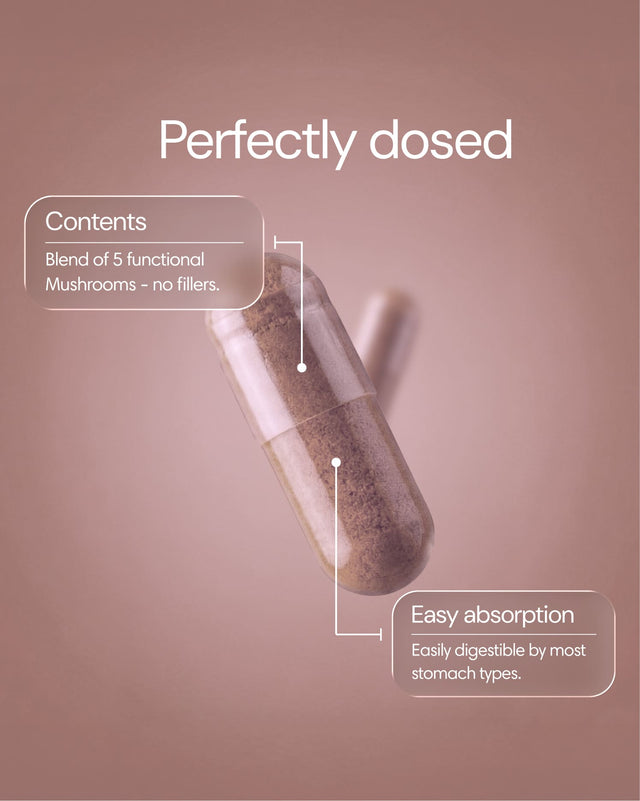 Clearly Mushroom Mix capsules in a white bottle, showing the supplement capsules designed for immune and health support.