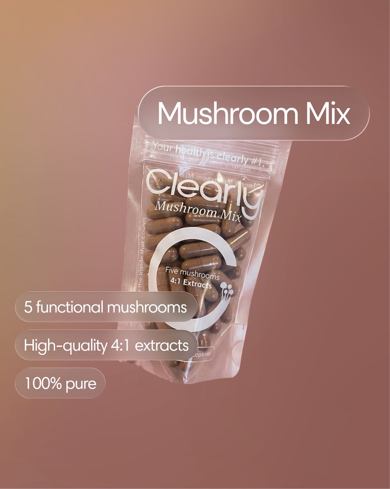 Clearly Mushroom Mix capsules in a bottle, showcasing a natural supplement with a variety of mushroom extracts for health support.