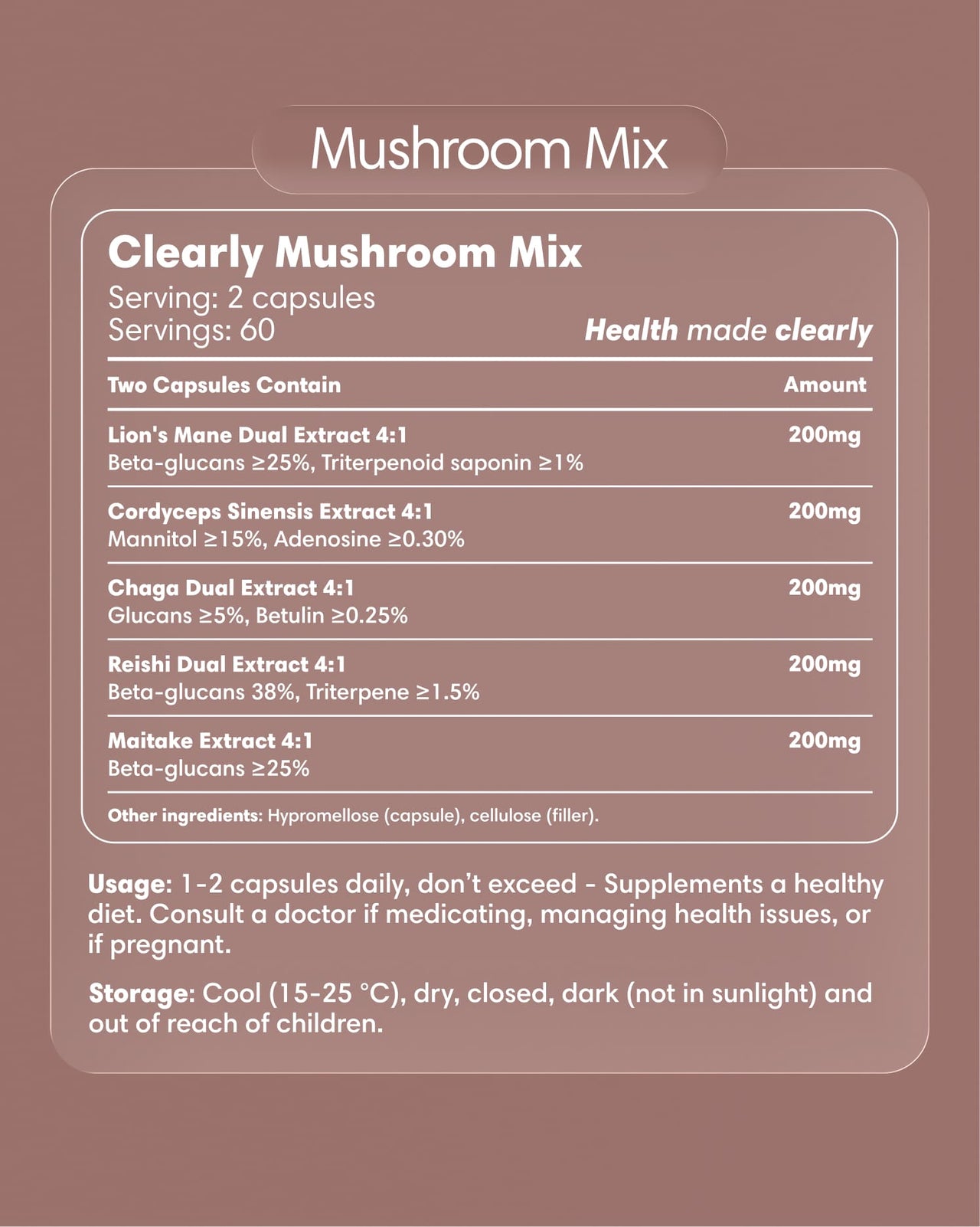 Clearly Mushroom Mix capsules in a bottle with a label showing the product name and branding, ready for supplement use.