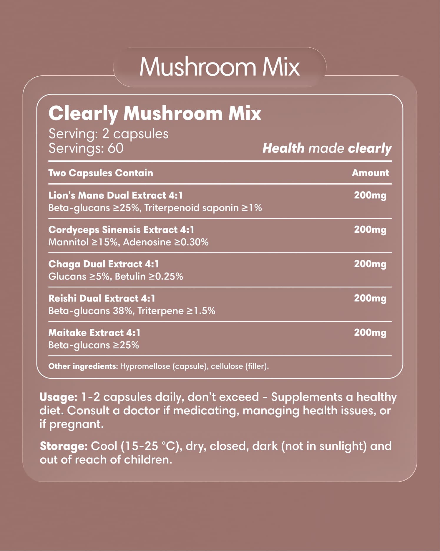 Clearly Mushroom Mix capsules in a bottle with a label showing the product name and branding, ready for supplement use.
