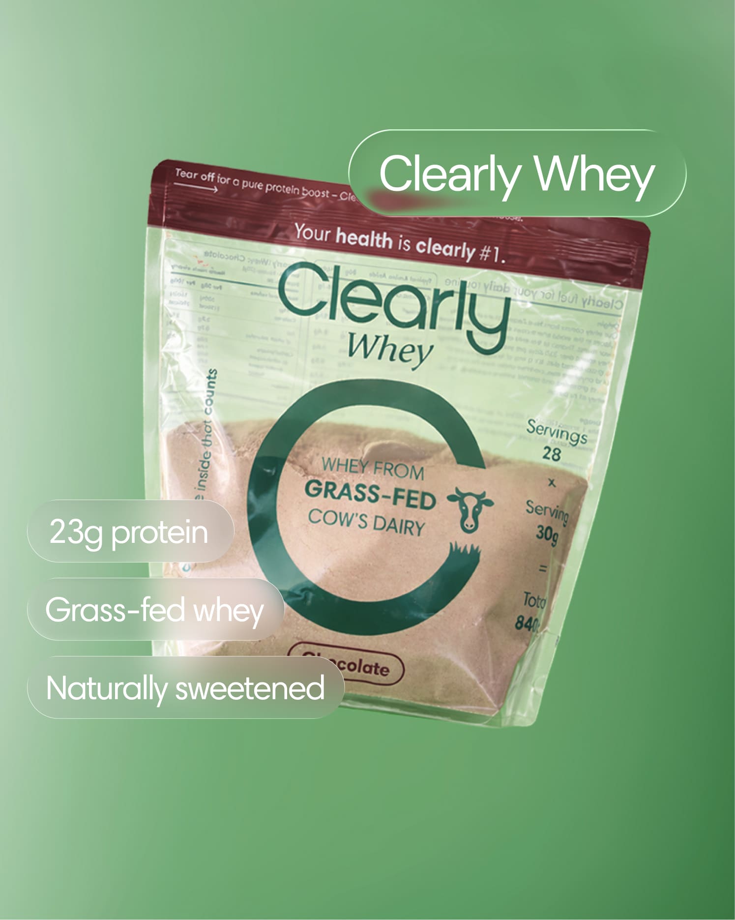 Clearly Grass-fed Whey protein powder jar with a scoop, showing the front label and a white powder inside.