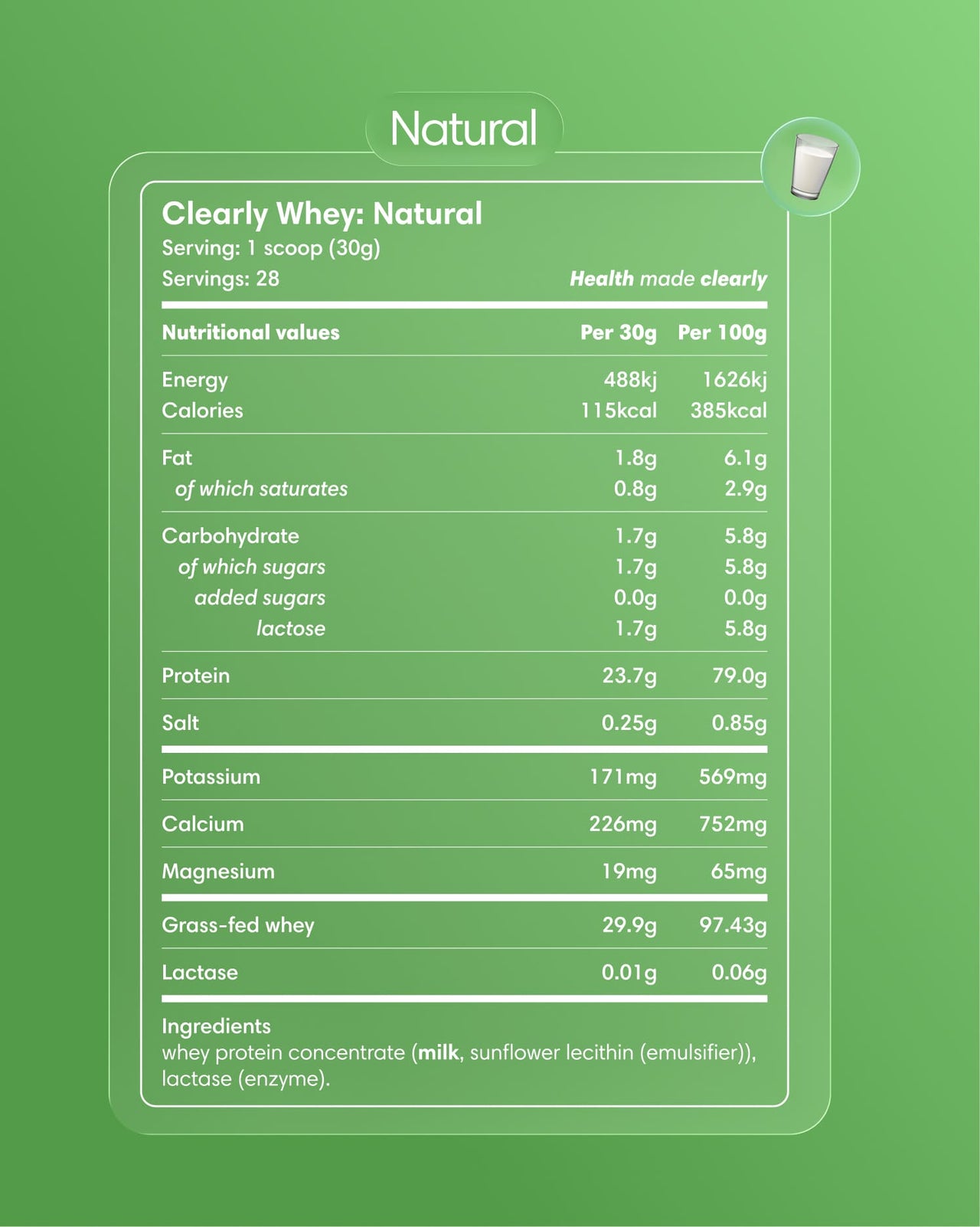 Container of Clearly Grass-fed Whey powder with a natural label featuring the product name and nutritional information.
