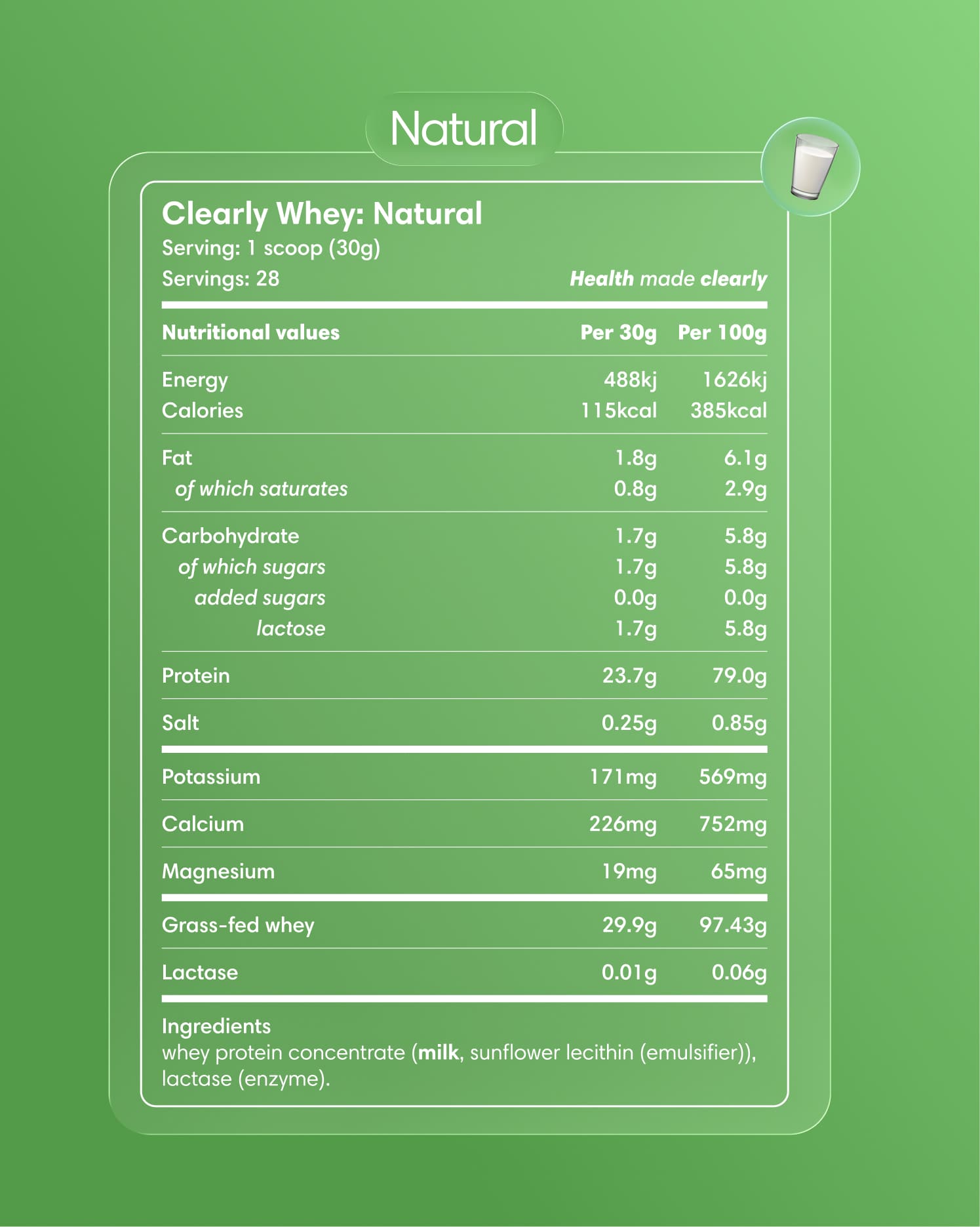 Container of Clearly Grass-fed Whey powder with a natural label featuring the product name and nutritional information.