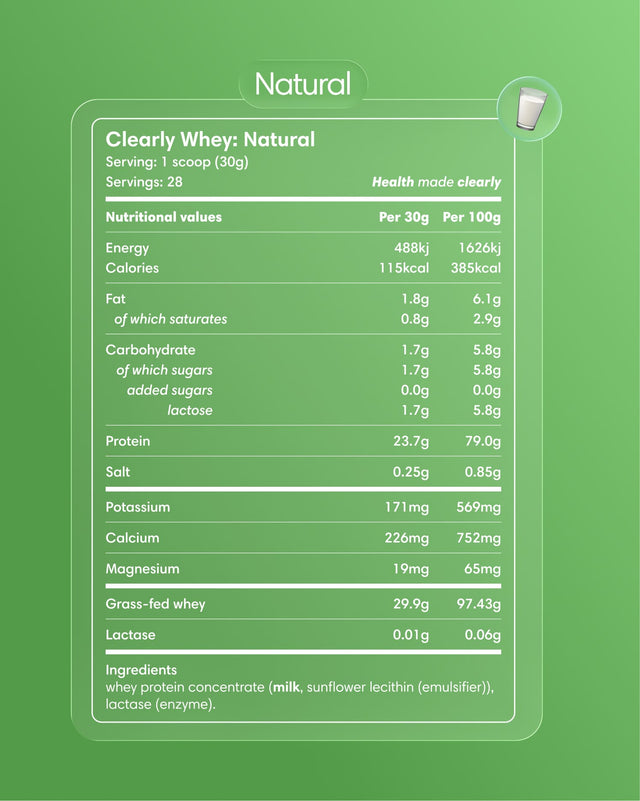 Container of Clearly Grass-fed Whey powder with a natural label featuring the product name and nutritional information.