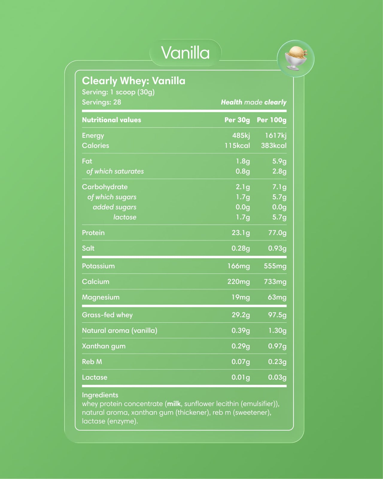 Clearly Grass-fed Whey Powder with vanilla flavor, showing the label and packaging of the protein supplement.