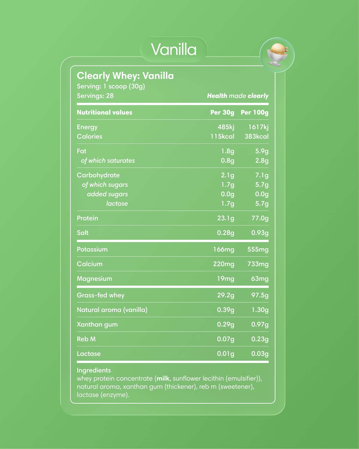 Clearly Grass-fed Whey Powder with vanilla flavor, showing the label and packaging of the protein supplement.