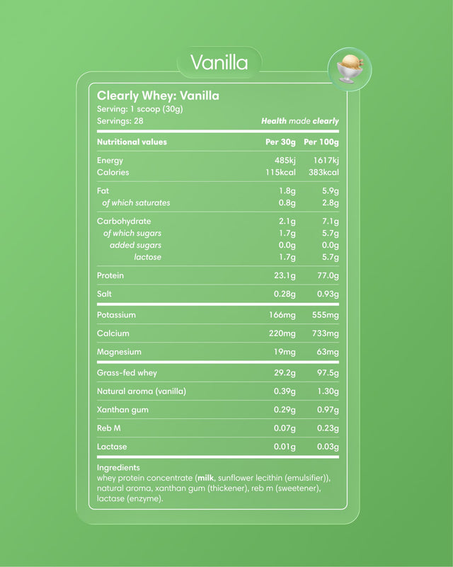 Clearly Grass-fed Whey Powder with vanilla flavor, showing the label and packaging of the protein supplement.