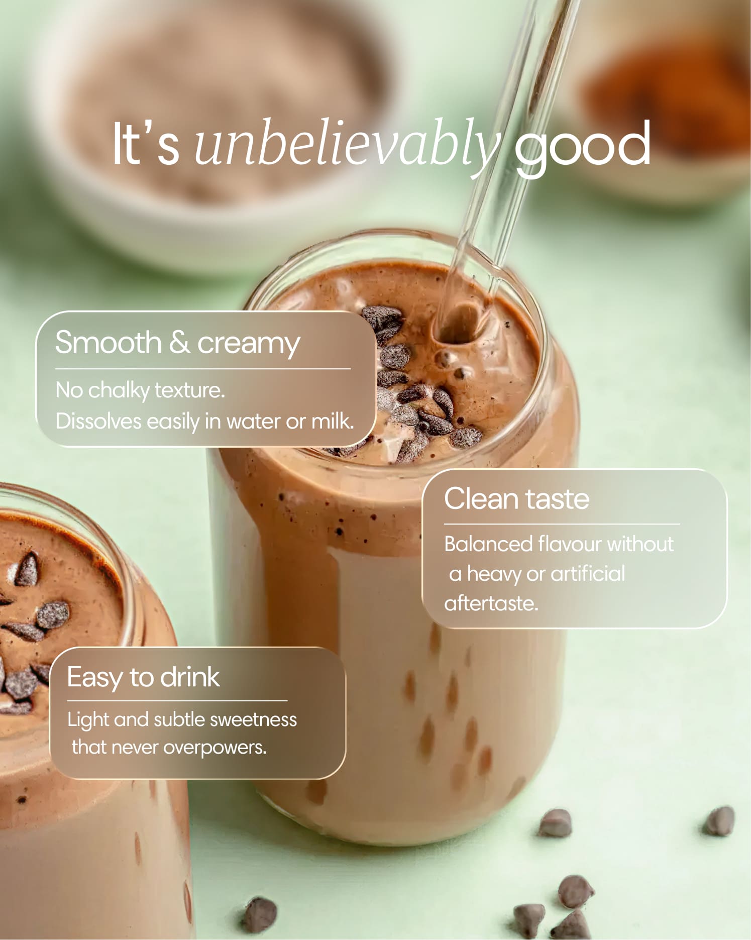 Cream-colored grass-fed whey protein powder by Clearly, displayed in a clear container on a white background.