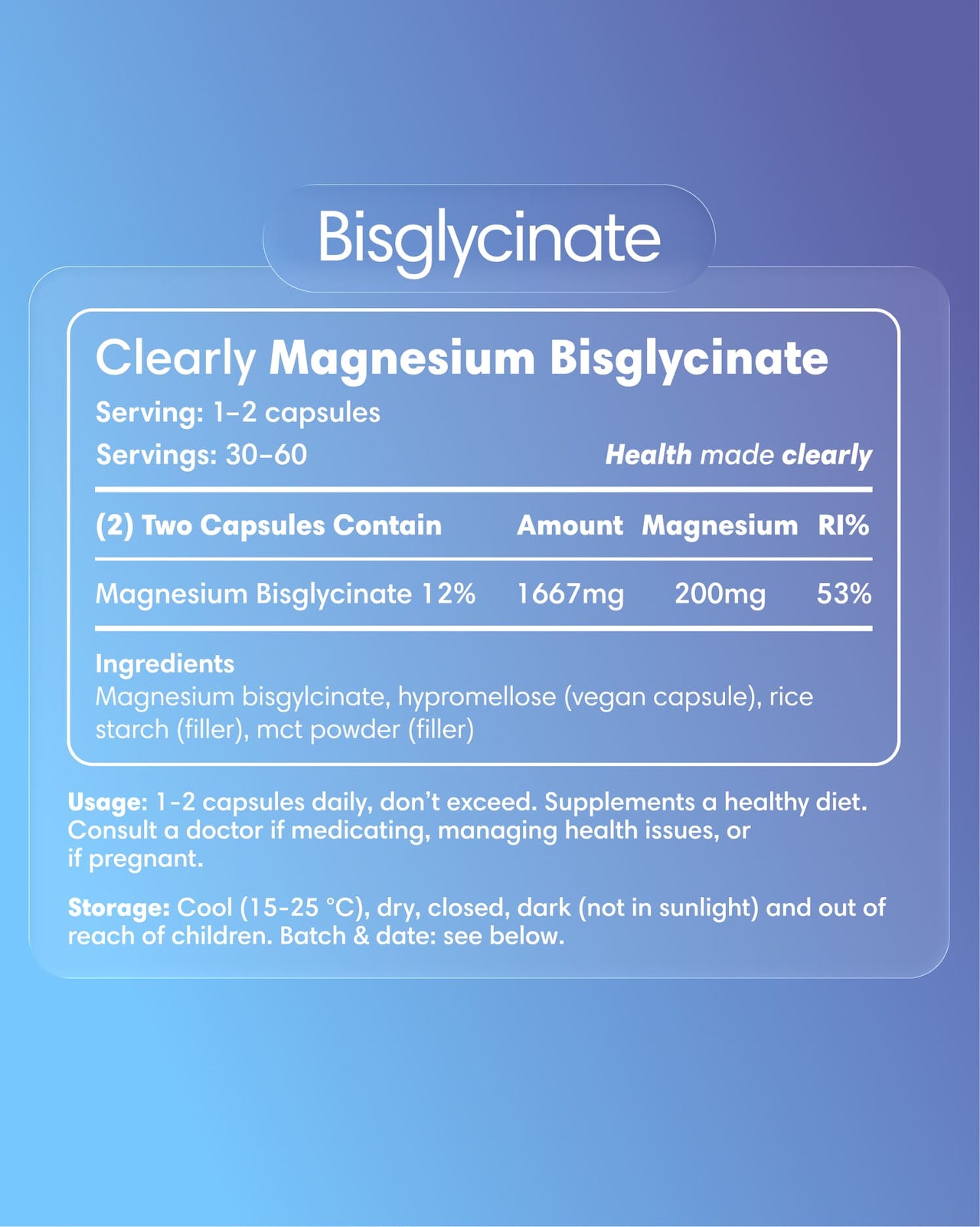Clearly Magnesium Bisglycinate supplement label showing supplement details and branding on the product packaging.