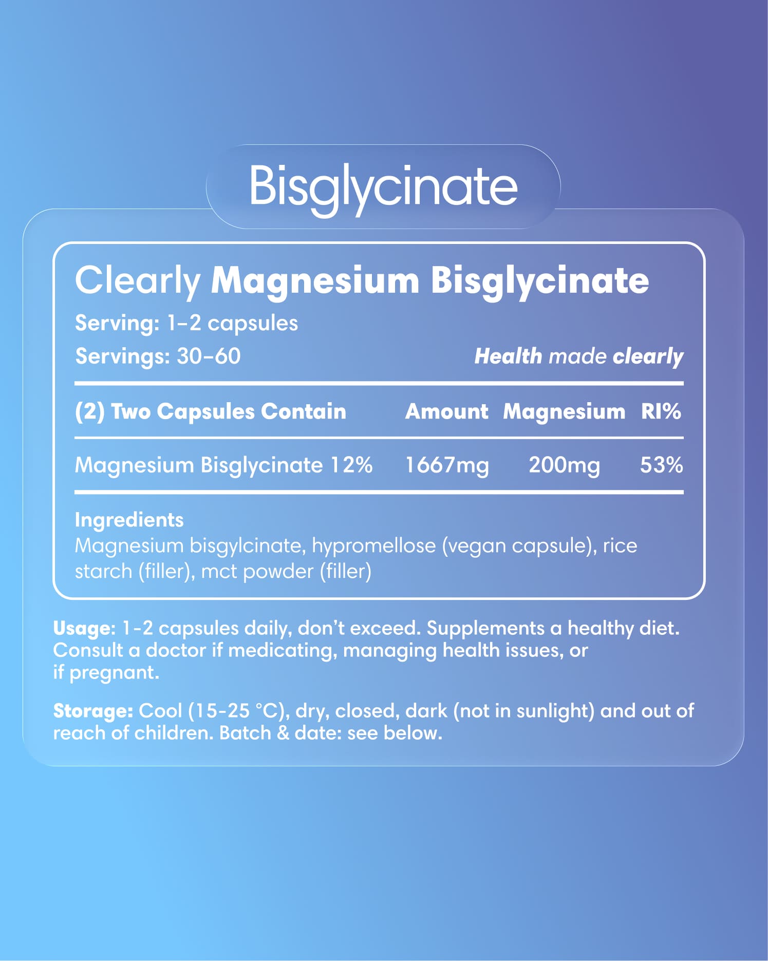 Clearly Magnesium Bisglycinate supplement label showing supplement details and branding on the product packaging.