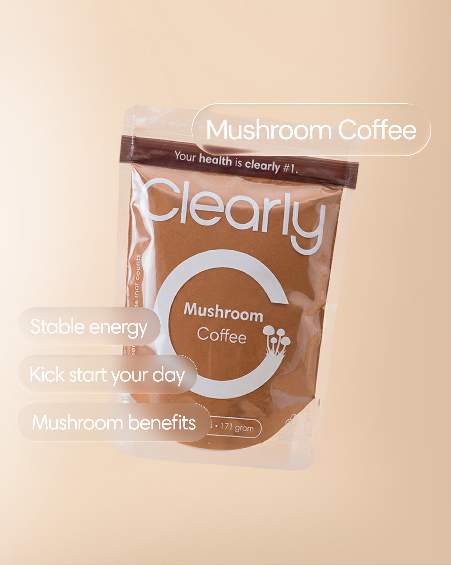 Clearly Mushroom Coffee in a mug, showcasing the front packaging with a focus on the product label and earthy design.
