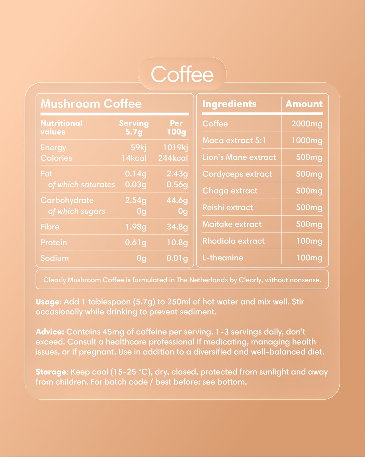 Clearly Mushroom Coffee bag with label showing earthy mushroom images and natural branding on a white background.