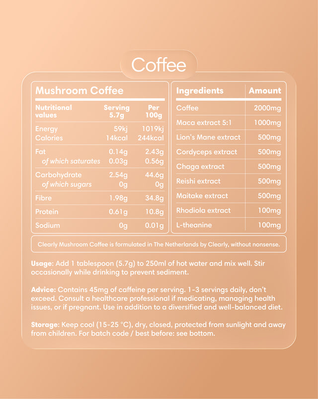 Clearly Mushroom Coffee bag with label showing earthy mushroom images and natural branding on a white background.