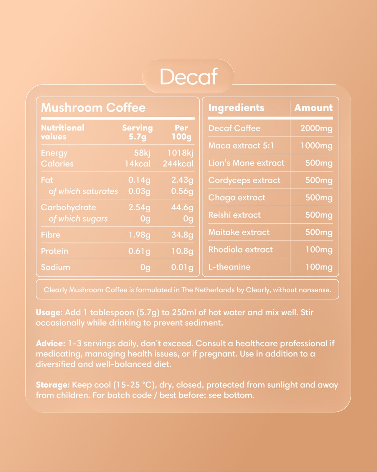 Clearly Mushroom Coffee label featuring decaf mushroom coffee blend in a natural, earthy design.