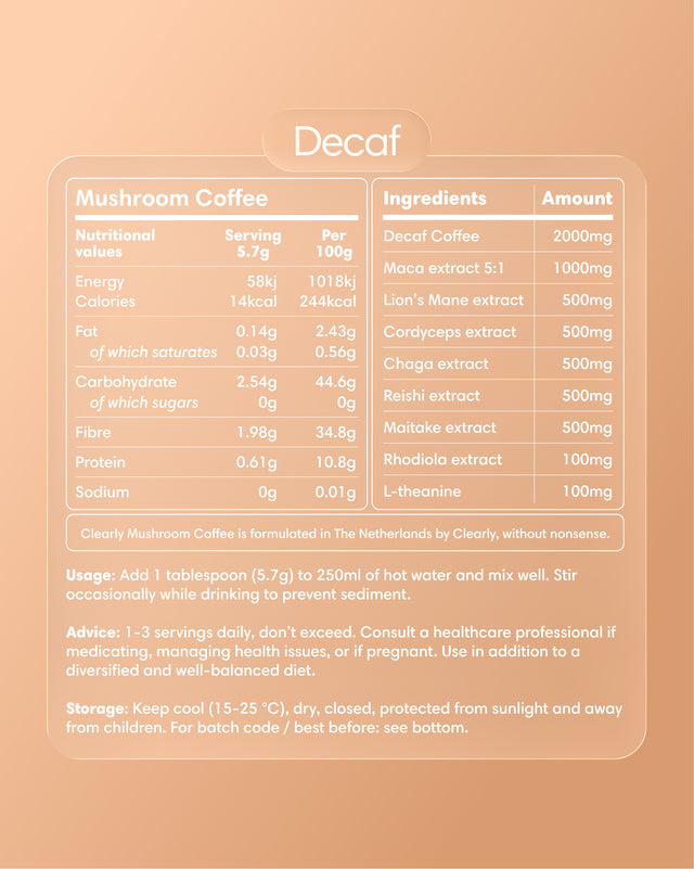 Clearly Mushroom Coffee label featuring decaf mushroom coffee blend in a natural, earthy design.