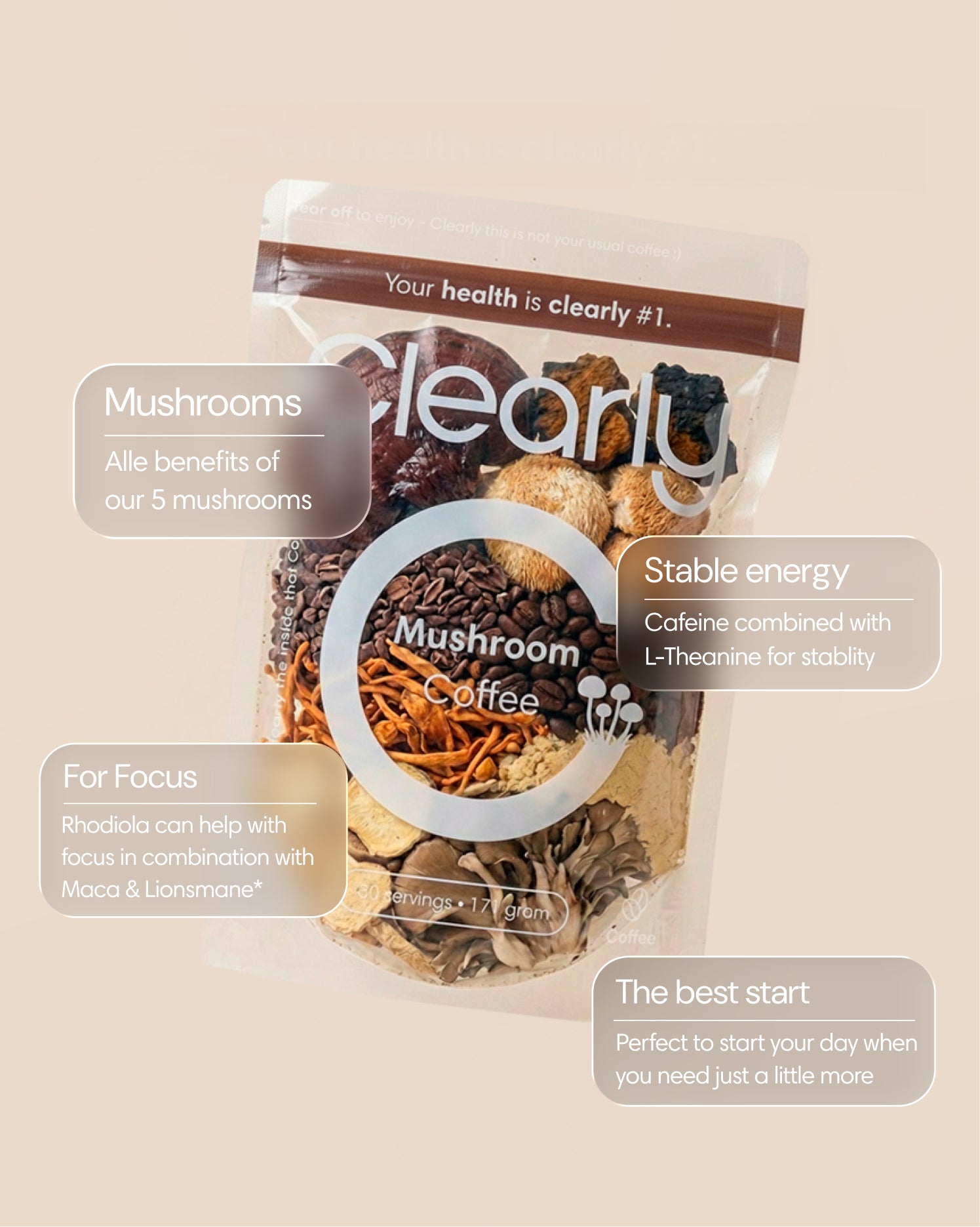 Clearly Mushroom Coffee in a mug with coffee beans, showcasing the mushroom coffee blend and packaging on a wooden surface.