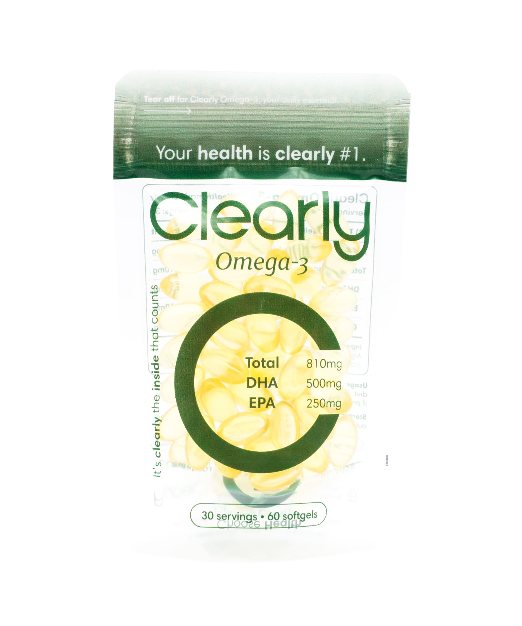 Clearly Omega-3 supplement bottle featuring softgel capsules, designed for heart and brain health support.